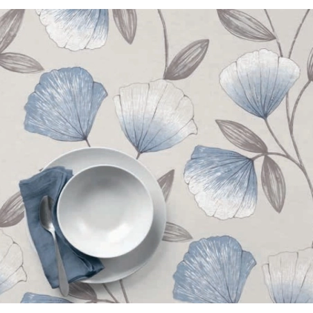 Toile cirée feuillage bleu - Nappe de table ginko bleu 160 cm