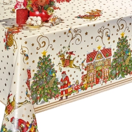 Nappe de noël dorée toile cirée - Nappe festive noël père noël rouge