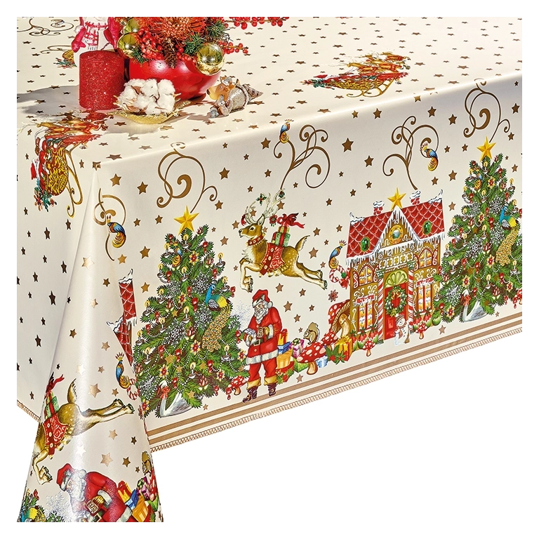 Nappe de noël dorée toile cirée - Nappe festive noël père noël rouge