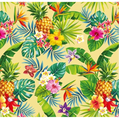 Toile cirée Exotica Jaune - Feuillage et Hibiscus colorés