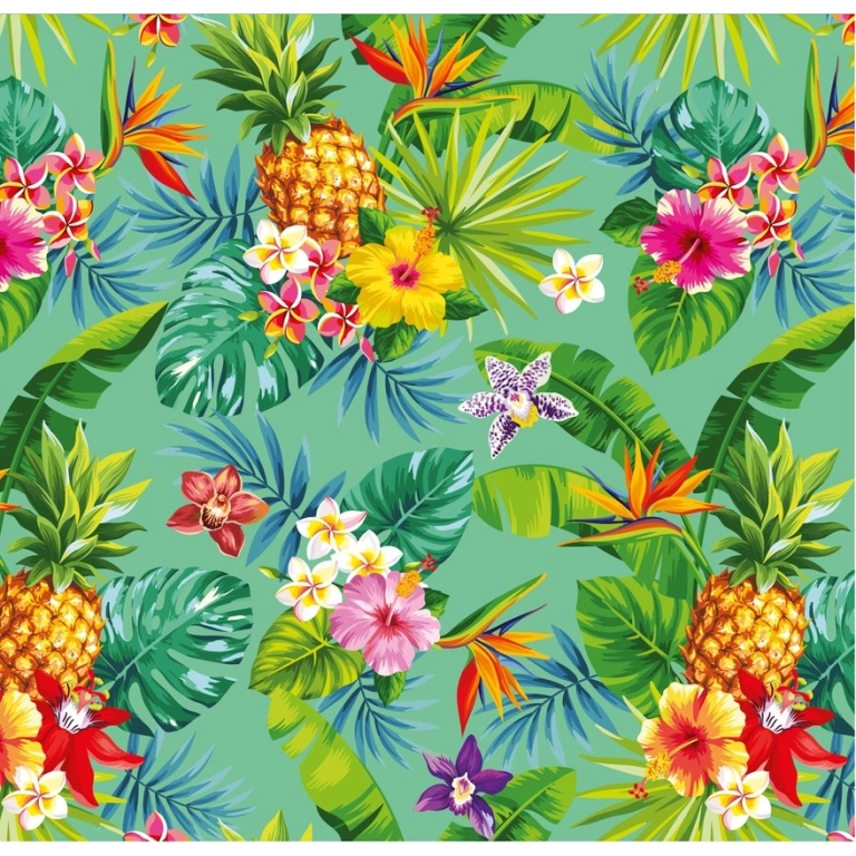 Toile cirée Exotica Vert - Feuillage et Hibiscus colorés