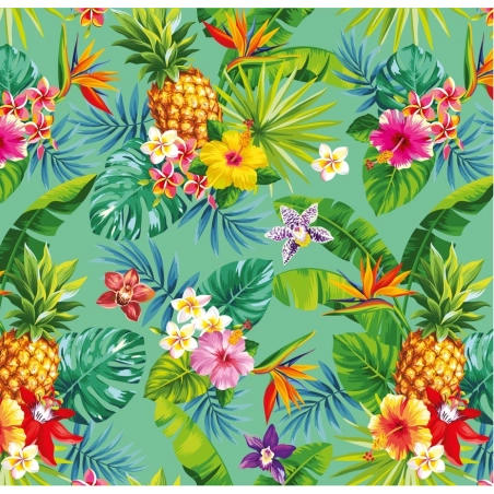 Toile cirée Exotica Vert - Feuillage et Hibiscus colorés