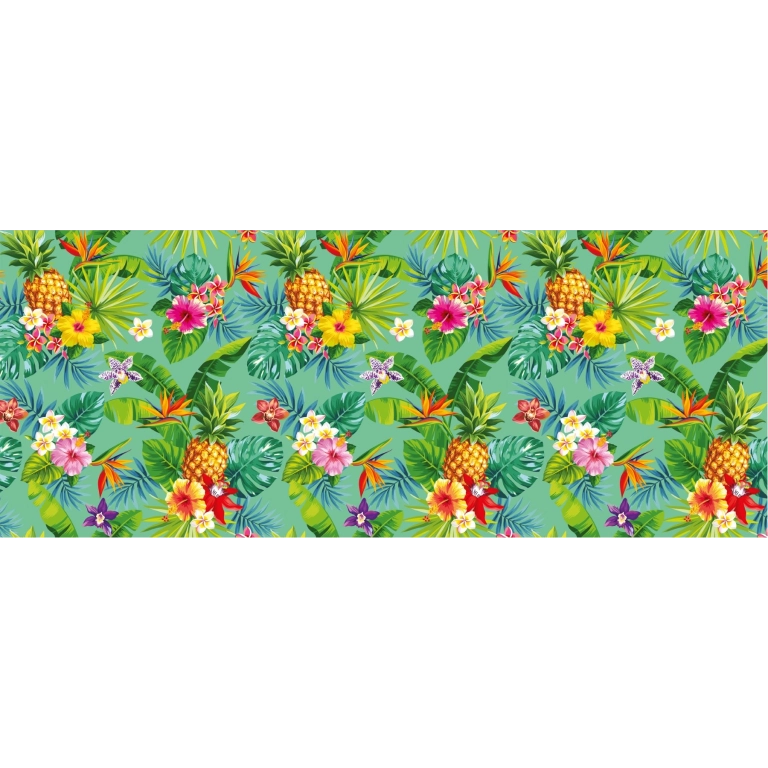 Toile cirée Exotica Vert - Feuillage et Hibiscus colorés