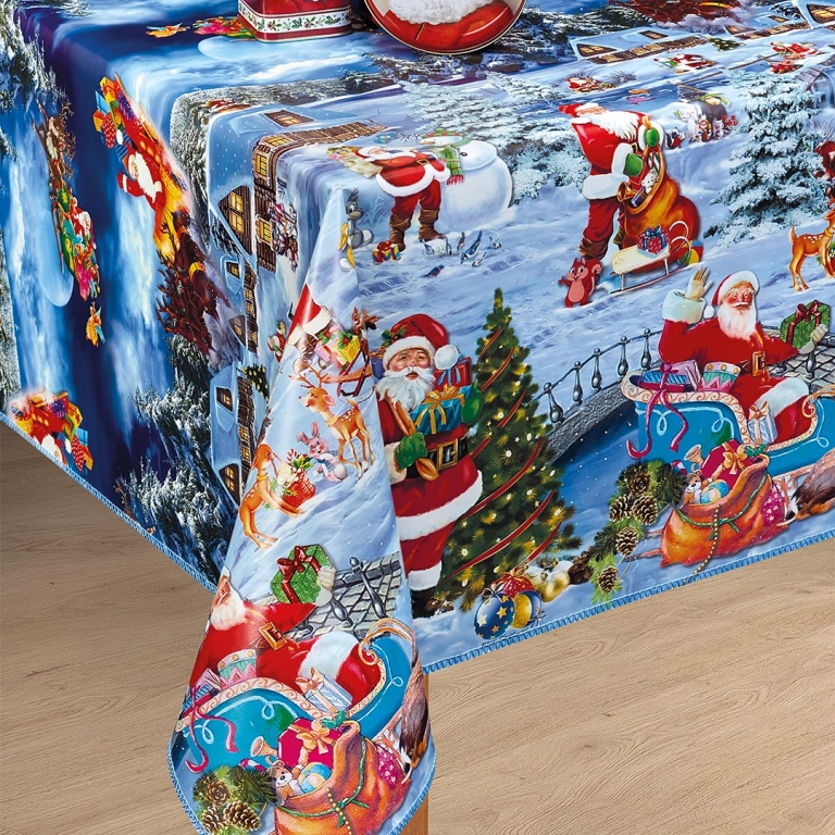 nappe de noël en largeur 140 cm - toile cirée noël bleu au mètre