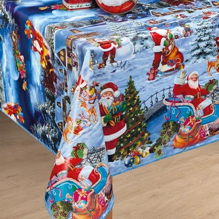nappe de noël en largeur 140 cm - toile cirée noël bleu au mètre