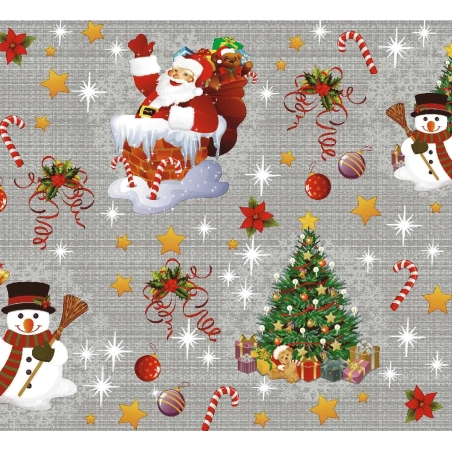 Nappe de noël argent largeur 140 cm - Toile cirée père noël et sapin