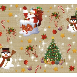 Nappe de noël dorée largeur 140 cm - Toile cirée père noël et sapin