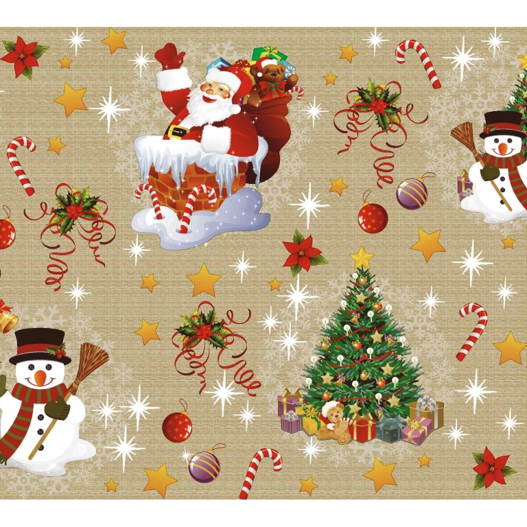 Nappe de noël dorée largeur 140 cm - Toile cirée père noël et sapin