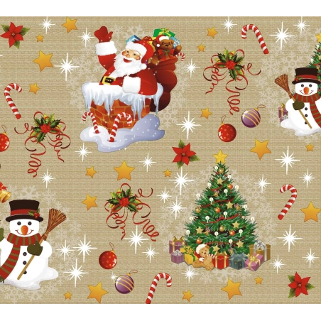 Nappe de noël dorée largeur 140 cm - Toile cirée père noël et sapin