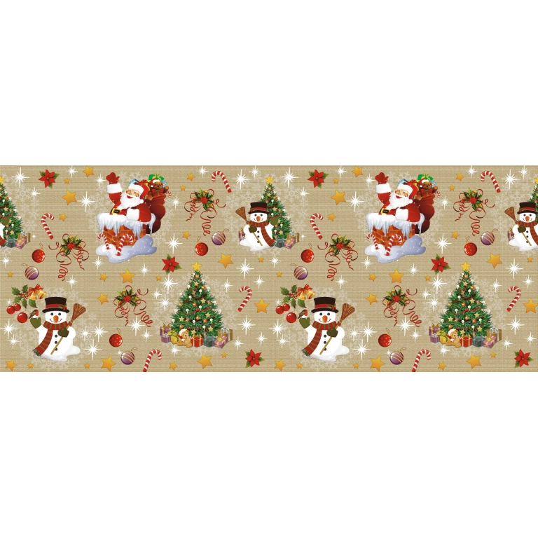 Nappe de noël dorée largeur 140 cm - Toile cirée père noël et sapin