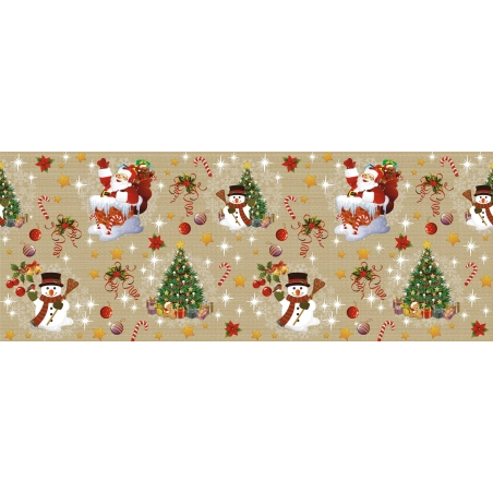Nappe de noël dorée largeur 140 cm - Toile cirée père noël et sapin