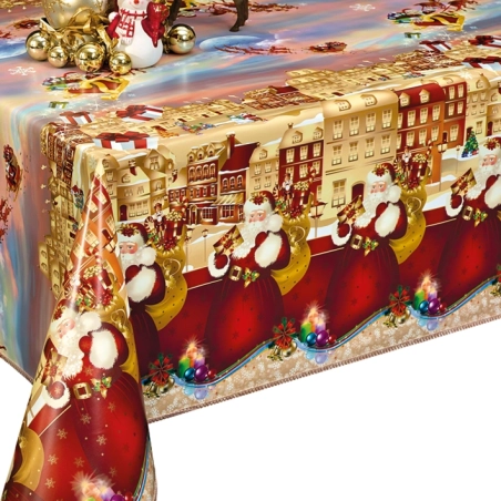 Nappe de noël or toile cirée - Nappe festive noël père noël rouge