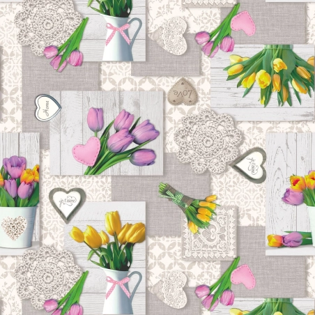 Toile cirée TULIPES multi - Nappe printanière bouquet de tulipes