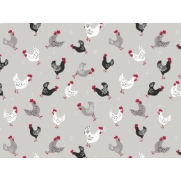 Toile cirée POULES gris - Nappe campagne poules