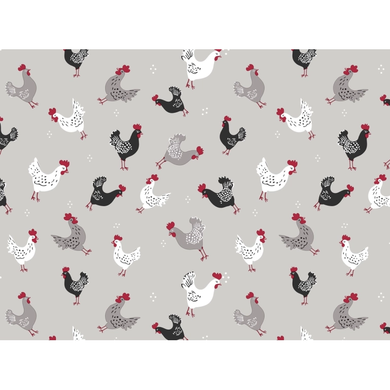 Toile cirée POULES gris - Nappe campagne poules