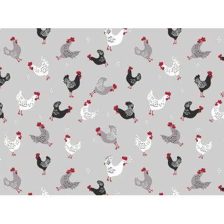 Toile cirée POULES gris - Nappe campagne poules