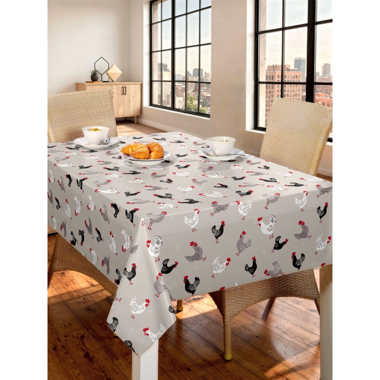 Toile cirée POULES gris - Nappe campagne poules