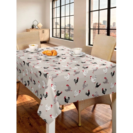 Toile cirée POULES gris - Nappe campagne poules