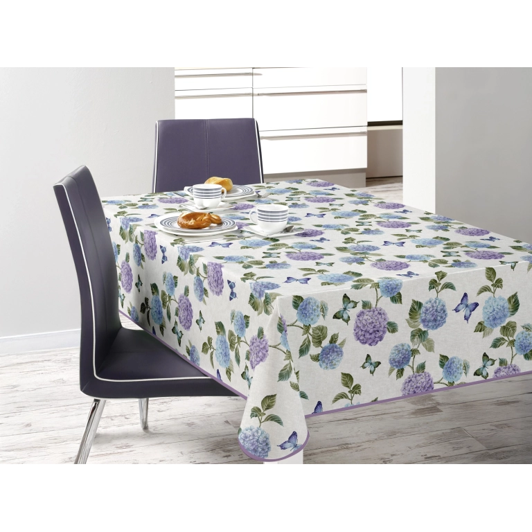Toile cirée HORTENCIA bleu - Nappe de table florale estivale