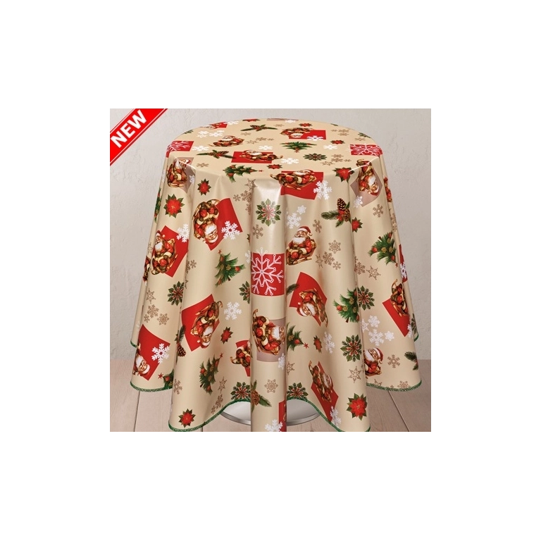 Nappe de noël Sapin beige - Nappe festive père noël rouge