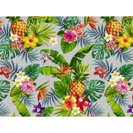 Toile cirée Exotica Gris - Feuillage et Hibiscus colorés