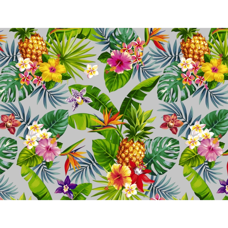 Toile cirée Exotica Gris - Feuillage et Hibiscus colorés
