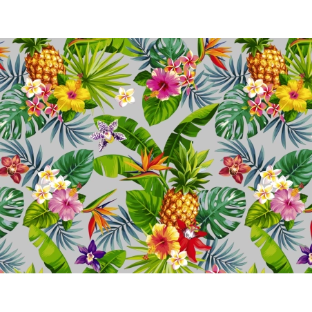 Toile cirée Exotica Gris - Feuillage et Hibiscus colorés