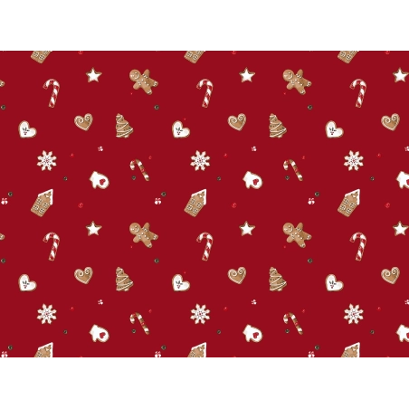 Toile cirée GINGERBREAD rouge - Biscuits de Noël en décoration